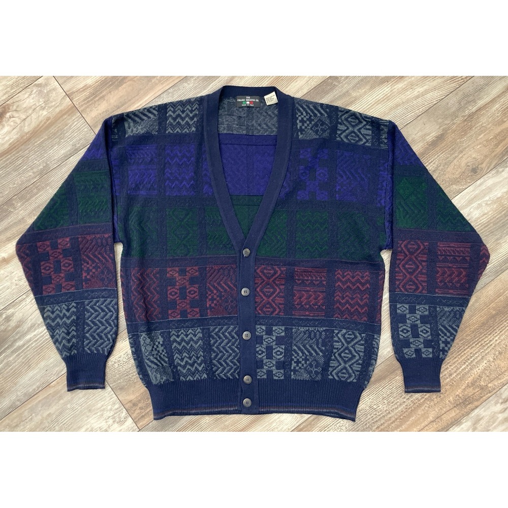 The Italian Sweater Co Men Large Blue Wool Acrylic Cardigan Vintage